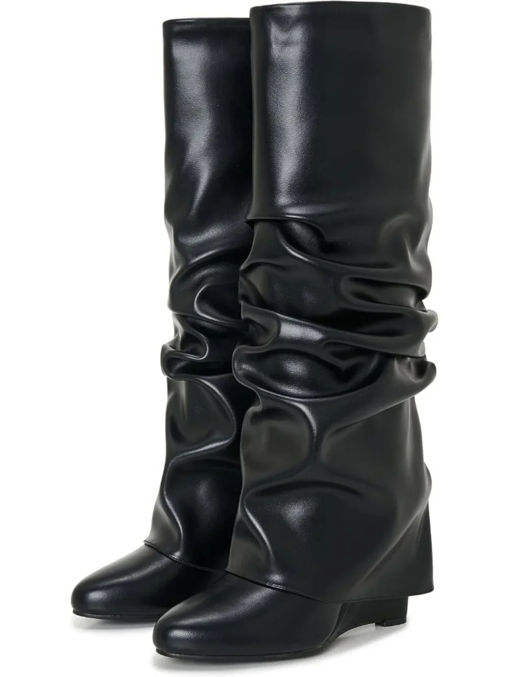 Women's Black Rubber Fold Over Knee High Wedge Pointed Toe Pull-On Boots